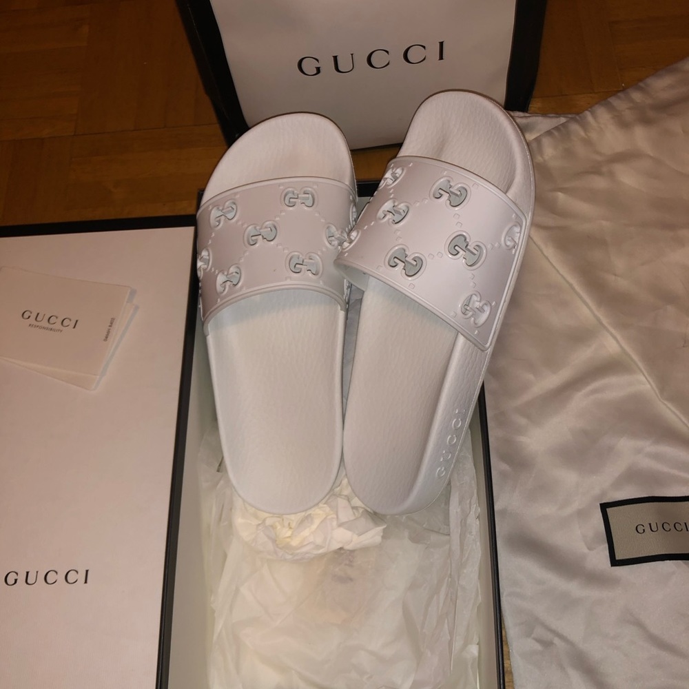 Gucci white GG slides